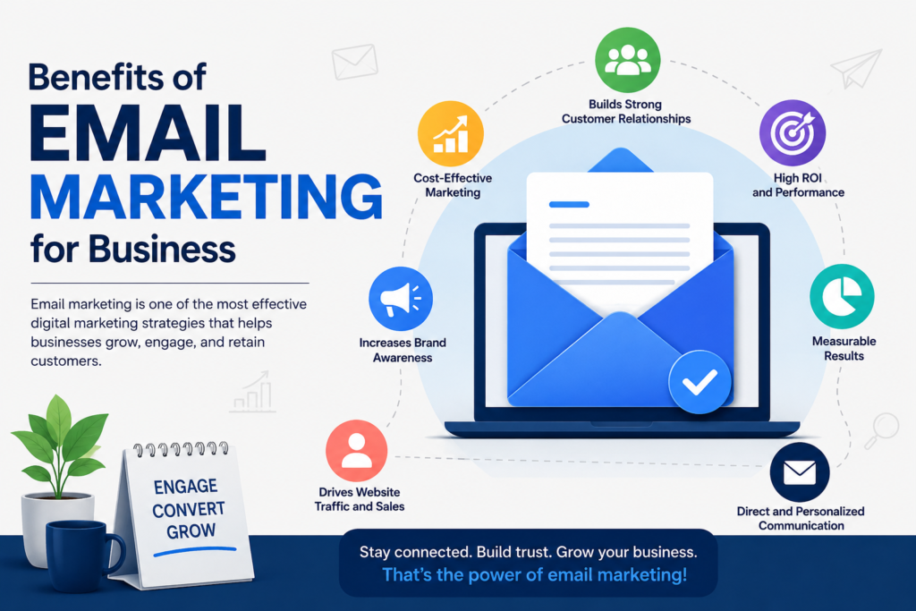 Benefits of email marketing for businesses, including customer engagement, brand awareness, website traffic, sales, and high ROI