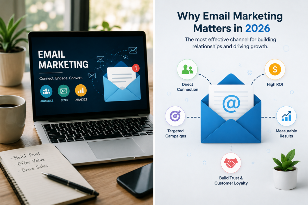 Email marketing infographic showing why email marketing matters in 2026, including direct connection, high ROI, targeted campaigns, measurable results, and customer loyalty.